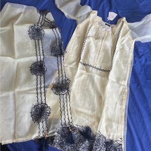 Elegant Cream Women's Embroidered Dress with Navy Detailing